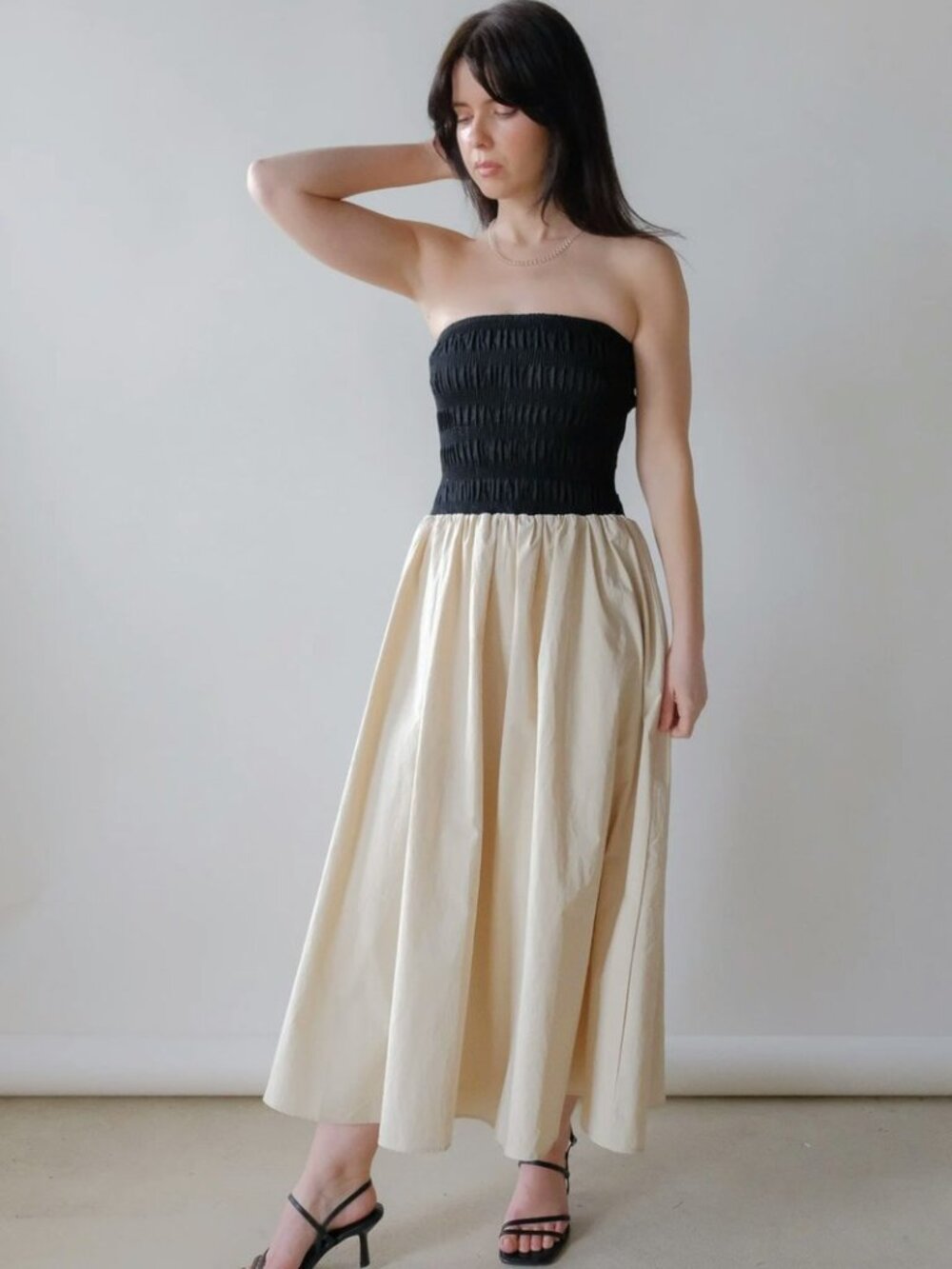 a.ren beige black Giselle strapless bandeau midi dress